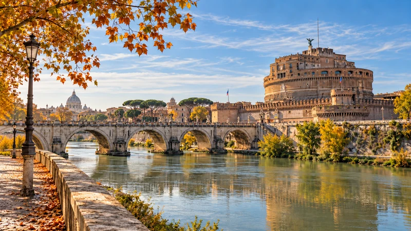 Illustrazione editoriale IA del Tevere e di Castel Sant’Angelo con cielo poco nuvoloso; non documenta il tempo osservato oggi.