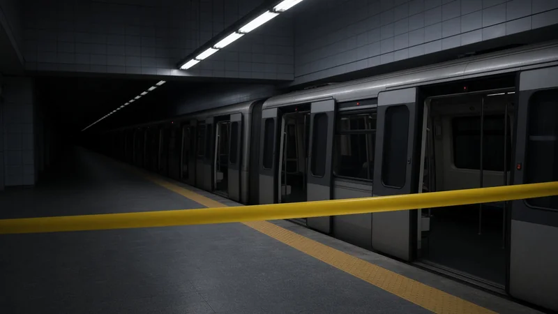 Banchina vuota della metropolitana, con un treno fermo e le porte chiuse