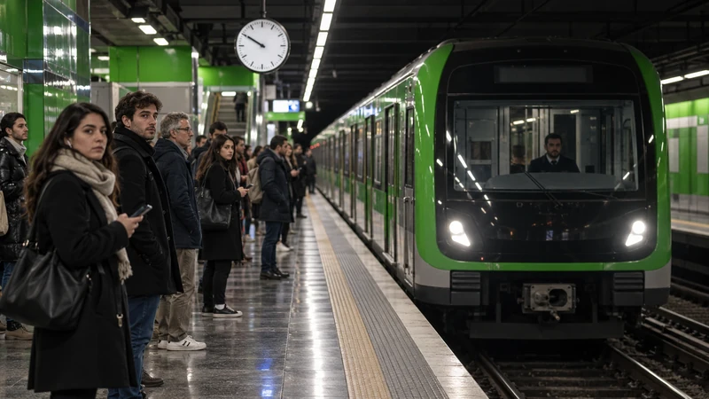 Illustrazione editoriale IA di una stazione della metropolitana milanese e un bus sostitutivo serale; scena non documentaria.