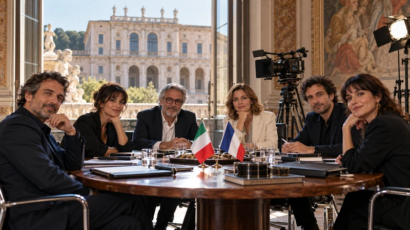 Illustrazione editoriale IA di un tavolo di lavoro cinematografico italo-francese a Roma; non documenta la riunione annunciata.