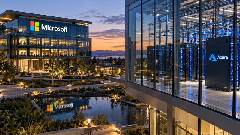 Campus Microsoft e sala server Azure illuminati al tramonto