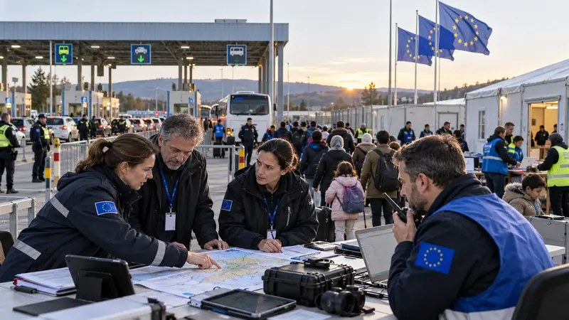 Illustrazione editoriale IA di un posto di frontiera europeo in attività ordinaria; le persone sono rappresentate con dignità, senza assembramenti inventati.