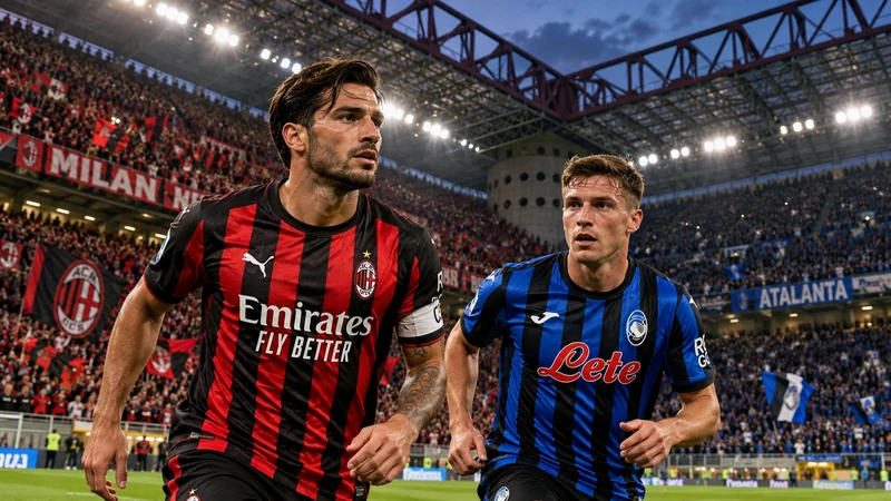 Illustrazione editoriale IA con divise del Milan e dell’Atalanta in uno stadio illuminato.