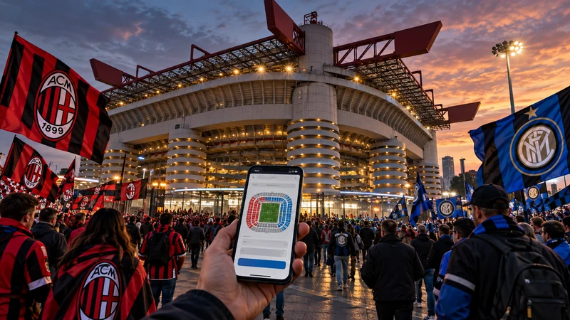 Illustrazione editoriale IA ultrarealistica del derby Milan-Inter allo stadio Giuseppe Meazza; scena non documentaria.