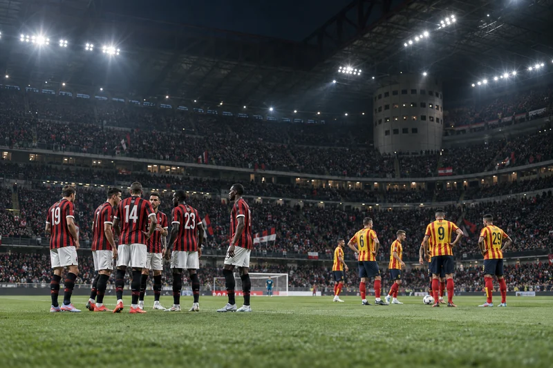 Scena editoriale contestuale generata con IA: calciatori in rossonero e giallorosso si preparano a Milan-Lecce; non è una fotografia documentaria.