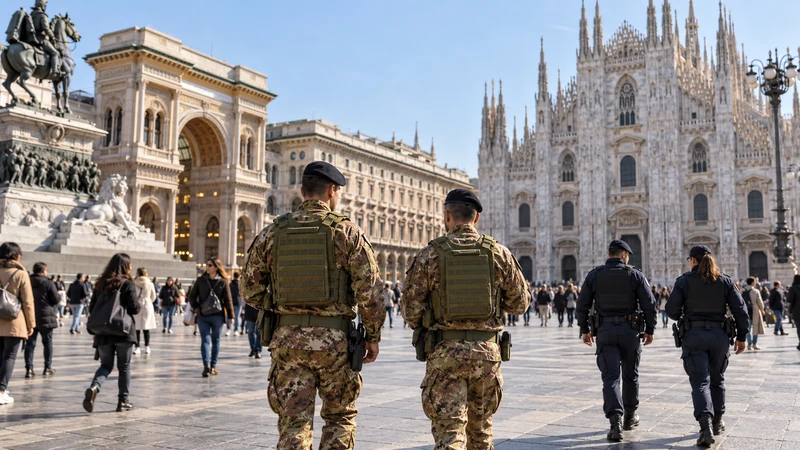Illustrazione editoriale IA di militari e agenti impegnati in un ordinario servizio di sicurezza nel centro di Milano; scena non documentaria.