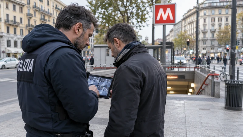Illustrazione editoriale IA di un investigatore all’esterno della stazione Loreto della metropolitana di Milano, senza aggressioni o persone fermate; scena non documentaria.