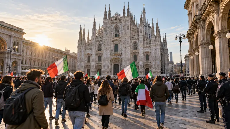 Scena editoriale IA di una manifestazione ordinata in piazza Duomo a Milano con bandiere italiane e forze dell’ordine in lontananza.