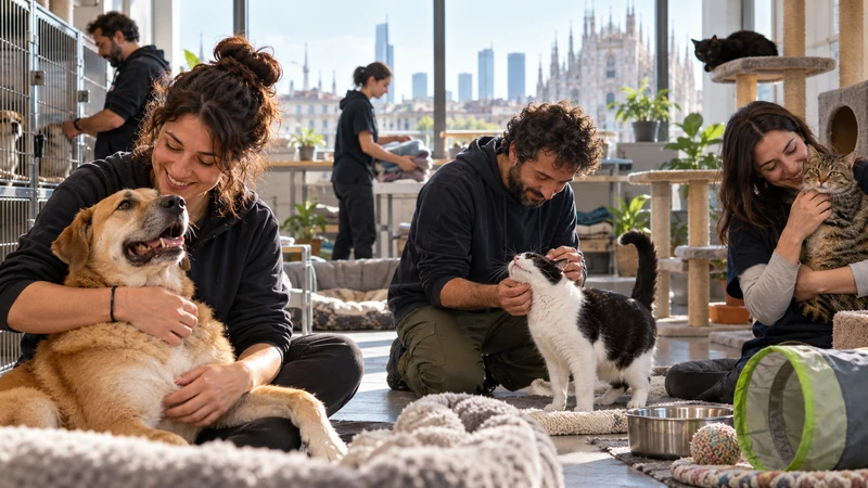 Illustrazione editoriale IA di volontari non profit che curano cani e gatti a Milano; scena simbolica non documentaria.