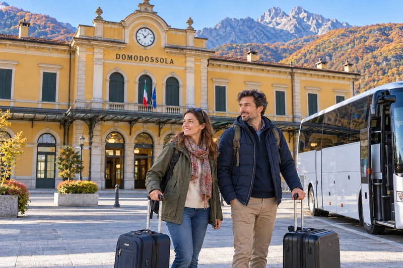 Illustrazione editoriale IA di viaggiatori e autobus davanti alla stazione di Domodossola; scena non documentaria.