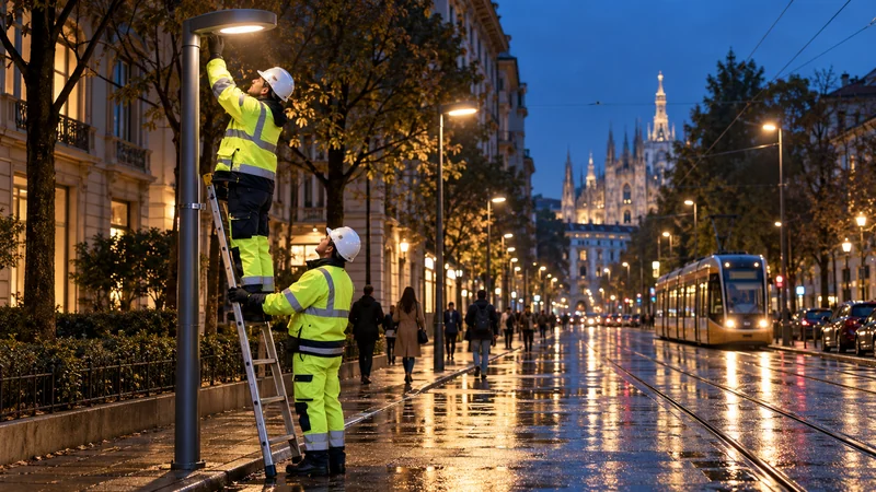 Tecnici comunali controllano nuovi lampioni in una strada di Milano al crepuscolo; illustrazione editoriale IA.