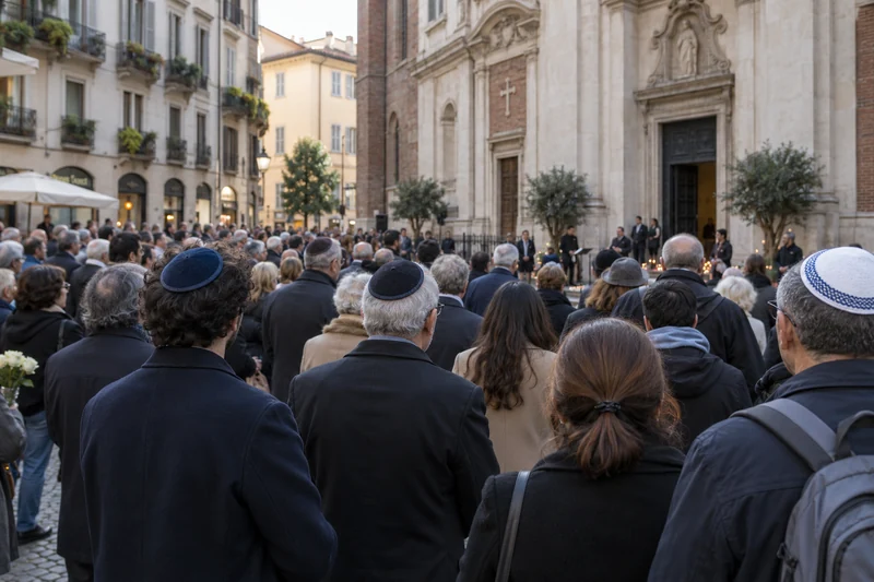 Presidio editoriale IA in una piazza di Milano, con cittadini riuniti e alcune persone che indossano la kippà; scena non documentaria.