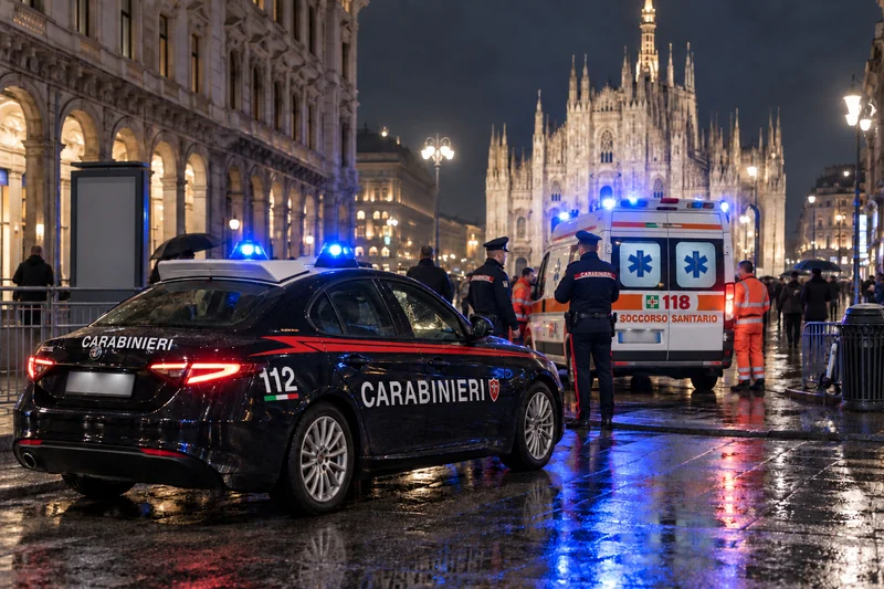 Scena editoriale neutrale generata con IA: auto dei carabinieri con scritte CARABINIERI e 112 e ambulanza con 118 e SOCCORSO SANITARIO in una strada di Milano di notte; non è una fotografia documentaria.