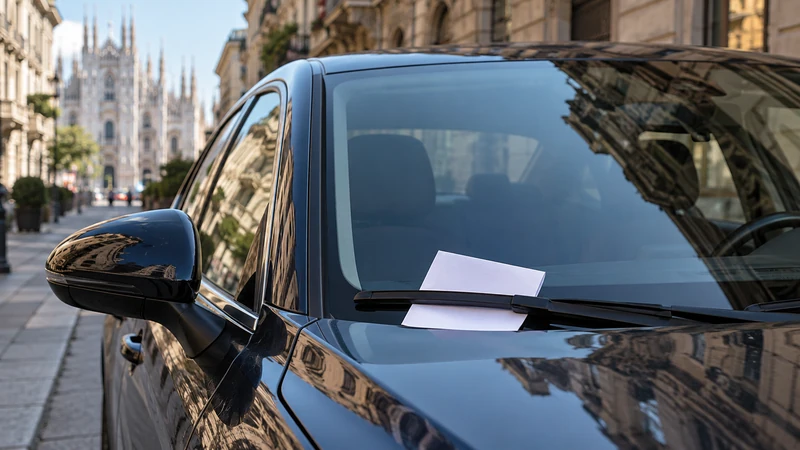 Illustrazione editoriale IA di un'auto in sosta a Milano e di un avviso cartaceo generico; non documenta una multa reale.