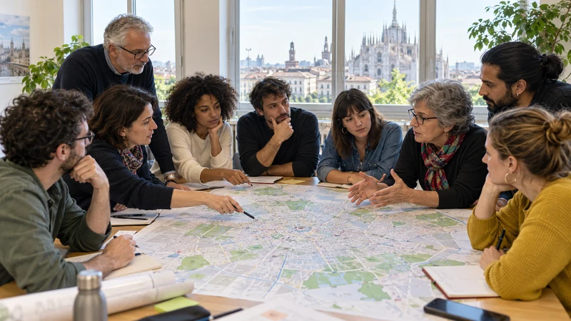 Illustrazione editoriale IA di rappresentanti dei Municipi riuniti intorno a una mappa di Milano; scena simbolica non documentaria.