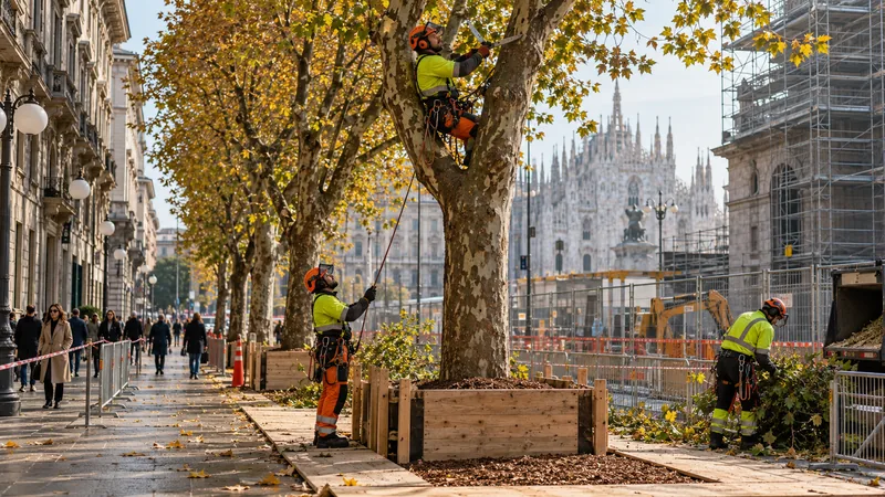 Arboristi proteggono e potano alberi lungo una strada di Milano vicina a un cantiere