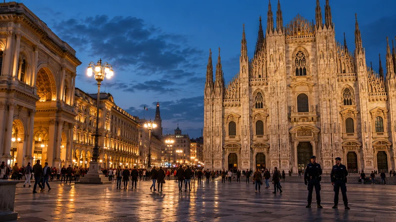 Illustrazione editoriale IA non documentaria di piazza del Duomo a Milano al crepuscolo, con due agenti in uniforme visibili in primo piano.