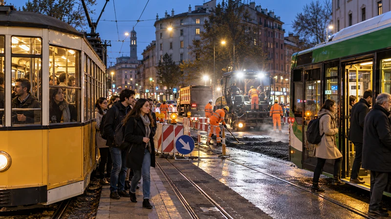 Illustrazione editoriale IA ultrarealistica di tram e bus deviati durante lavori serali in viale Coni Zugna; scena non documentaria.