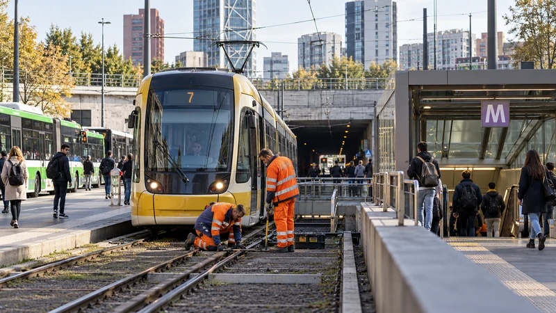 Illustrazione editoriale IA ultrarealistica del tram 7 fermo alla Bicocca durante lavori sui binari; scena non documentaria.