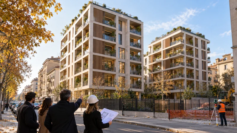 Due nuovi edifici residenziali di sei piani lungo una strada milanese; illustrazione editoriale IA.