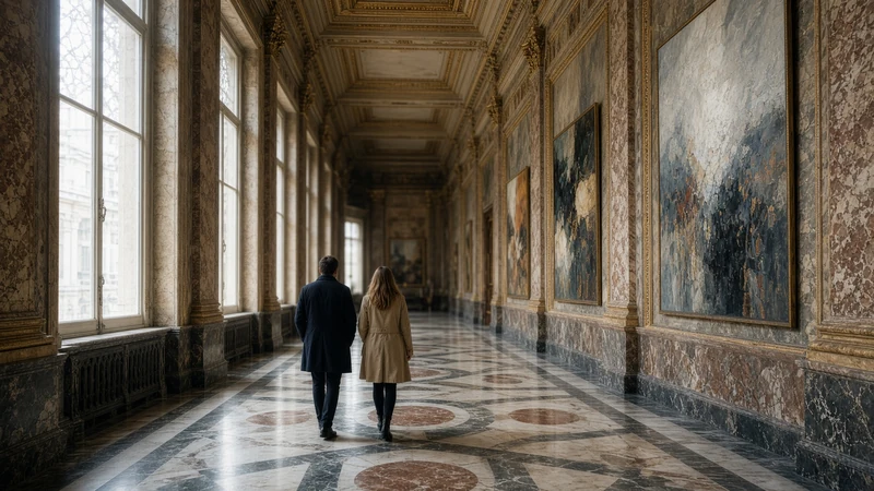 Illustrazione editoriale di una mostra d’arte contemporanea in una sala storica milanese.
