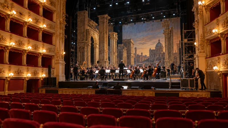 Illustrazione editoriale IA di un'orchestra in prova e tecnici al lavoro in un teatro storico italiano.