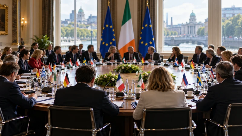 Riunione informale dei ministri del commercio dell’Unione europea a Dublino; illustrazione editoriale IA non documentaria.