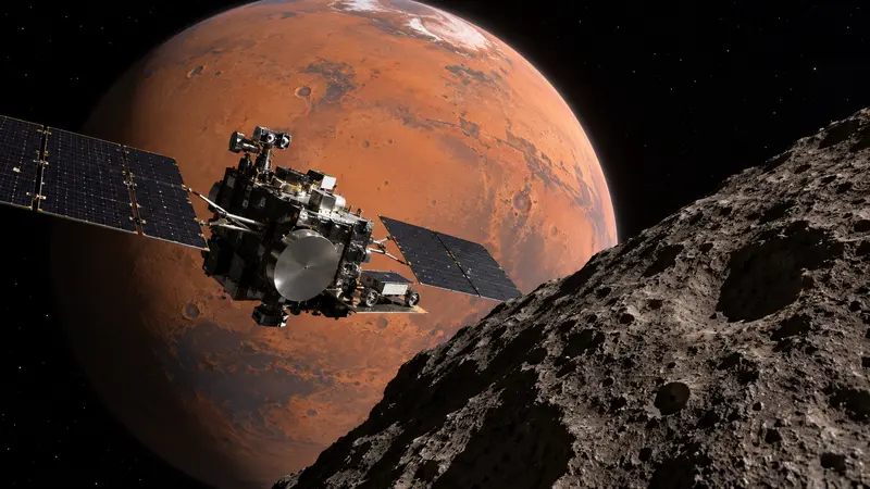 Illustrazione scientifica IA della sonda MMX vicino a Phobos con Marte sullo sfondo.