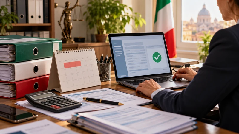 Scrivania di commercialista con calendario, cartelle fiscali e invio telematico, illustrazione editoriale generata con IA