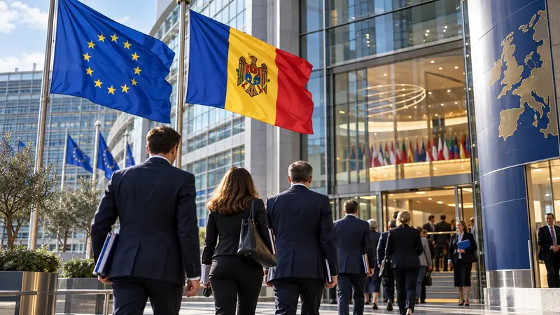 Illustrazione editoriale IA di una sala istituzionale con bandiere europea e moldava; nessuna scritta leggibile, scena non documentaria.