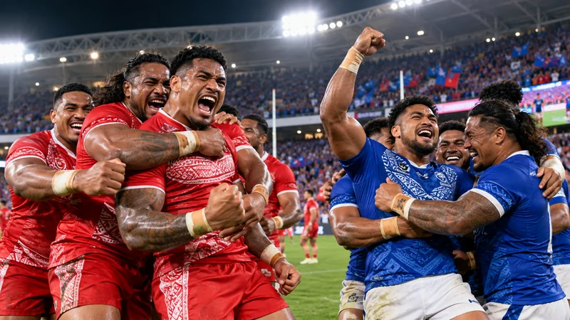 Illustrazione editoriale IA di giocatori tongani e samoani che festeggiano al Mondiale di rugby league.