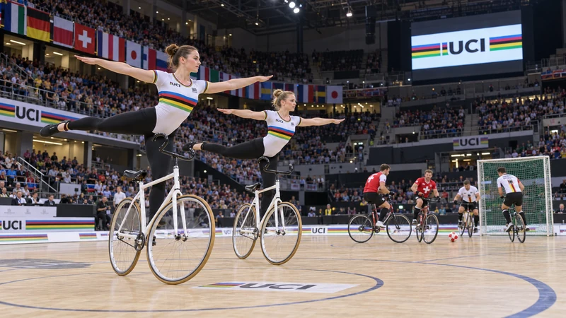 Atleti di ciclismo artistico e cycle-ball in un’arena coperta, illustrazione editoriale generata con IA