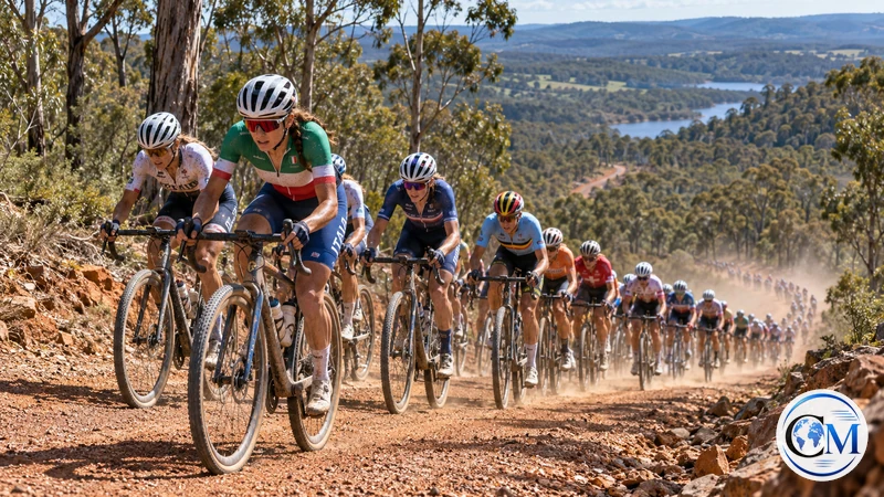 Ricostruzione editoriale IA ultrarealistica della gara femminile dei Mondiali gravel a Nannup; non è una fotografia dell'evento.