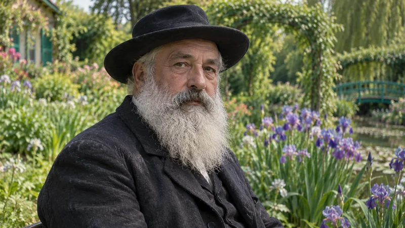 Somiglianza sintetica editoriale di Claude Monet nel giardino di Giverny; non fotografia storica e non riproduzione di Iris.