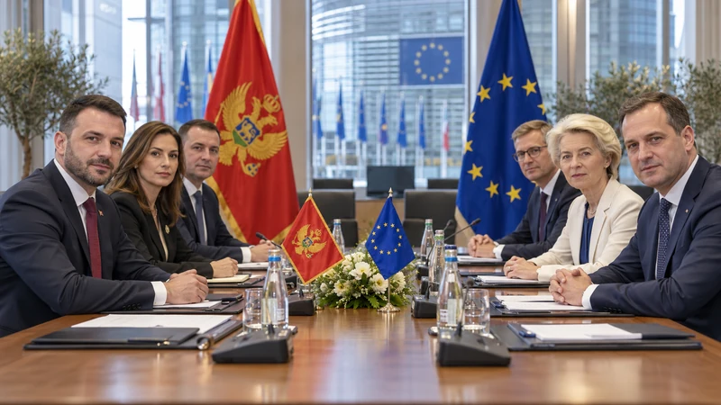 Illustrazione editoriale IA di funzionari europei e montenegrini in una sala diplomatica, senza rappresentare una firma reale.