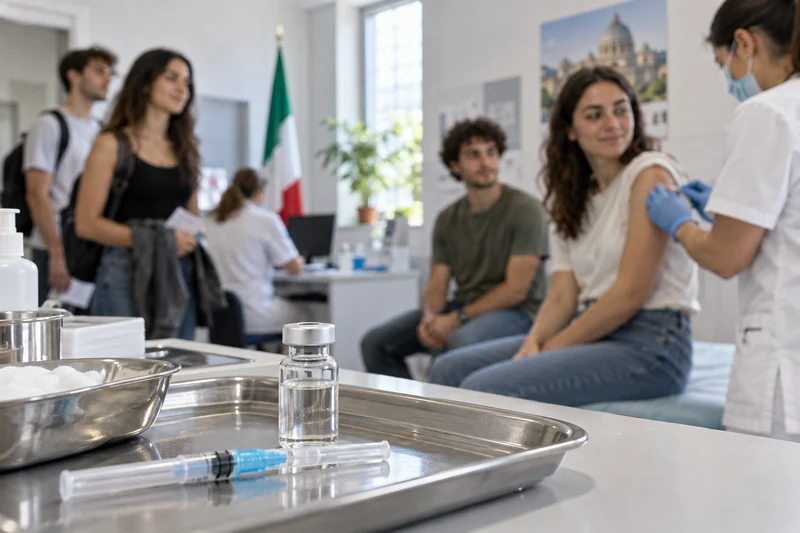 Illustrazione editoriale IA di un centro vaccinale italiano rivolto ai giovani adulti; scena non documentaria.