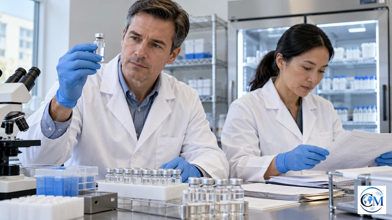 Laboratorio sanitario statunitense con campioni e mappa epidemiologica astratta