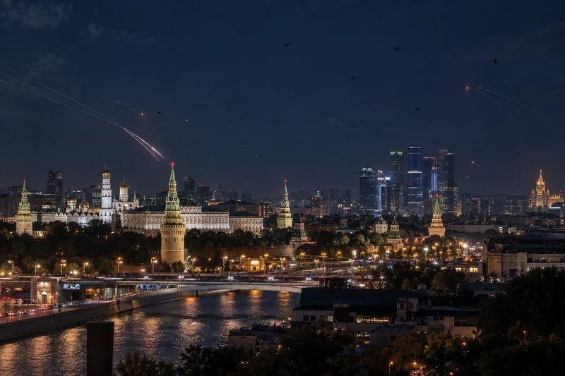 Illustrazione editoriale generata con IA: skyline notturno di Mosca con droni e scie della difesa aerea in lontananza, senza persone o danni visibili; non è una fotografia documentaria.
