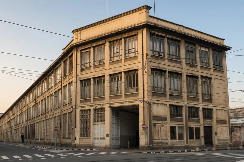 Illustrazione editoriale IA dell'ex Fonderia Nebiolo a Torino; scena non documentaria.