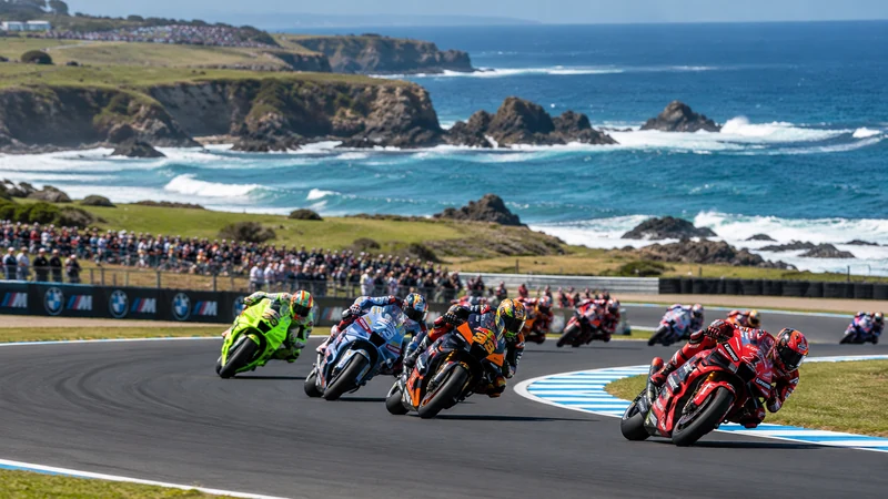 Illustrazione editoriale IA del circuito costiero di Phillip Island con motociclette da gara.