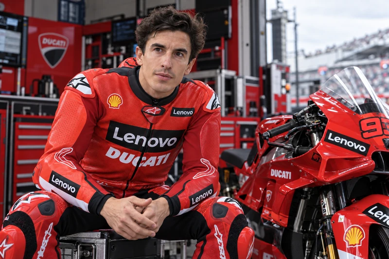 Scena editoriale IA non documentaria di Marc Márquez in volto, con tuta Ducati Lenovo e moto Desmosedici nel garage di Motegi.