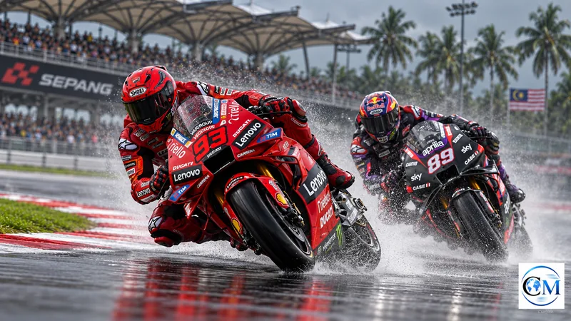 Marc Márquez sulla Ducati precede Jorge Martín sull’Aprilia a Sepang, illustrazione editoriale IA