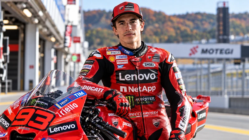 Illustrazione editoriale IA di Marc Márquez in volto, con tuta Ducati Lenovo e Desmosedici numero 93 nel paddock di Motegi; scena contestuale non documentaria.
