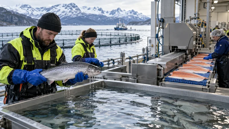 Illustrazione editoriale IA di un moderno impianto norvegese per l’allevamento del salmone.