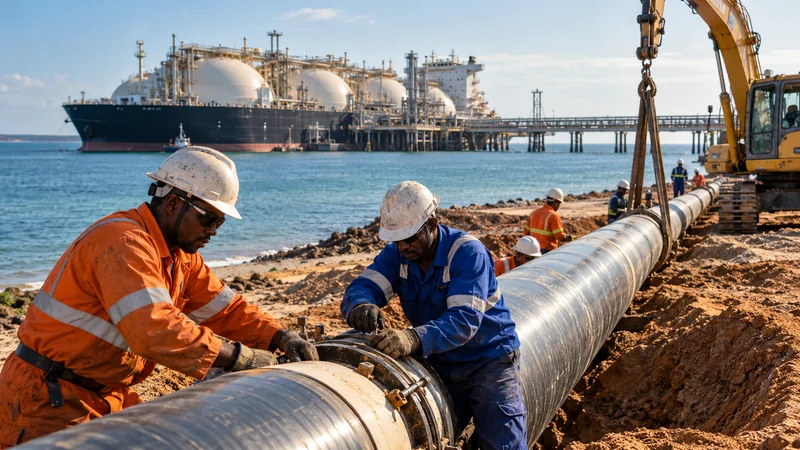 Illustrazione editoriale IA di infrastrutture per il gas naturale sulla costa del Mozambico.