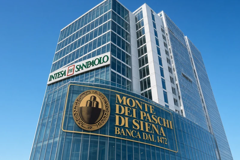 Illustrazione editoriale IA con loghi Intesa Sanpaolo e Monte dei Paschi su edificio bancario; scena non documentaria.