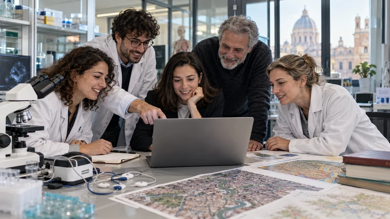 Illustrazione editoriale IA ultrarealistica di un gruppo di ricerca universitario che consulta le graduatorie PRIN; scena non documentaria.