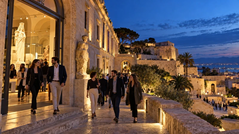 Illustrazione editoriale IA ultrarealistica dei Musei nazionali di Cagliari aperti al pubblico al tramonto; scena non documentaria.