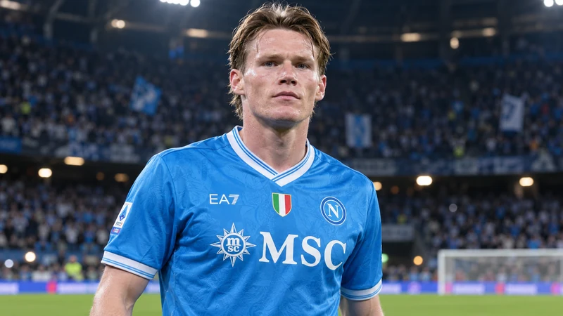 Illustrazione editoriale IA con Scott McTominay in un contesto sportivo pertinente; scena non documentaria.