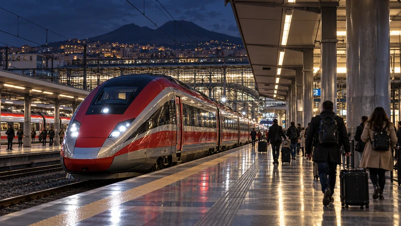 Illustrazione editoriale IA di un treno a Napoli Centrale di notte; immagine simbolica, non documenta un servizio specifico.